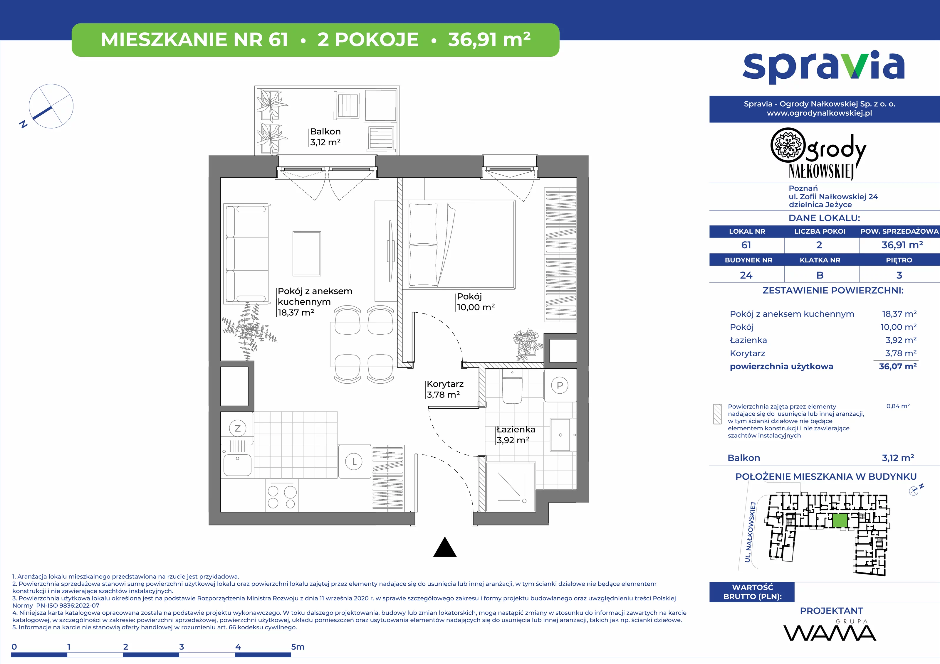 2 pokoje, mieszkanie 36,91 m², piętro 3, oferta nr 24-61, Ogrody Nałkowskiej, Poznań, Ogrody, ul. Nałkowskiej 24, 26